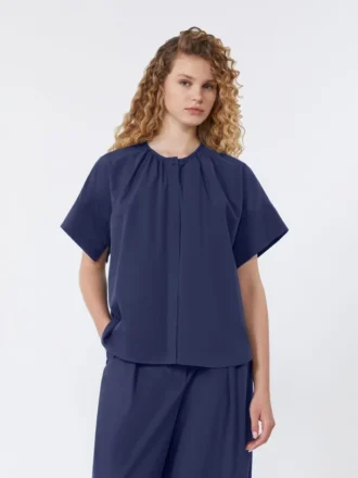 Baumwoll-Popeline-Shirt mit Rundhalsausschnitt, marineblau