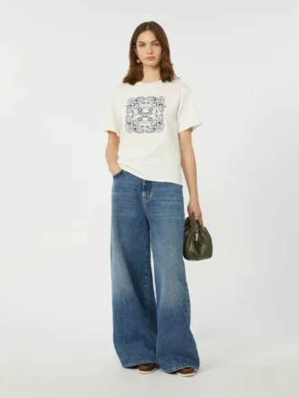 Baumwoll-T-Shirt mit Aufdruck und Stickerei, weiß