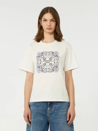 Baumwoll-T-Shirt mit Aufdruck und Stickerei, weiß