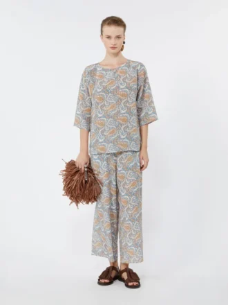 Bedruckte Crêpe-de-Chine-Hose, hellblau