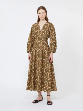 Bedrucktes Kleid aus Baumwollpopeline, naturfarben