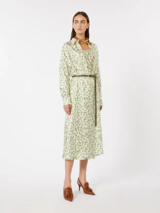 Bedrucktes Kleid aus Seidentwill, elfenbeinfarben