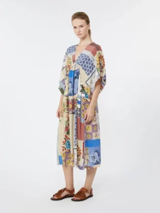 Bedrucktes Midi-Kleid aus Seidenkrepp, mehrfarbig