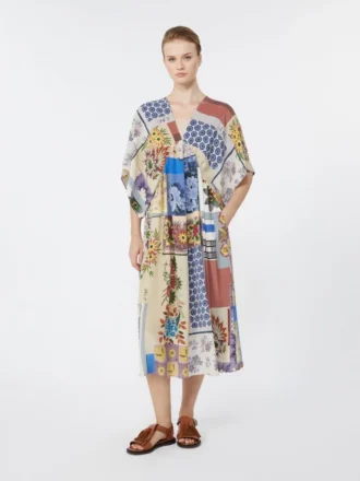 Bedrucktes Midi-Kleid aus Seidenkrepp, mehrfarbig