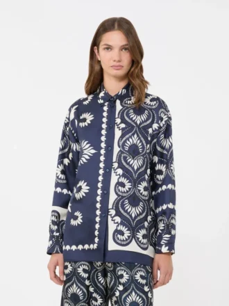 Bedrucktes Seidenhemd im Patchwork-Look, marineblau