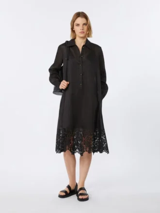 Besticktes Ramie-Gaze-Hemdkleid, schwarz