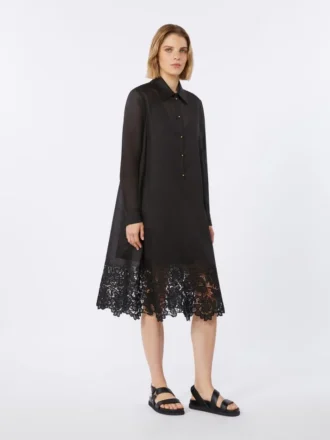 Besticktes Ramie-Gaze-Hemdkleid, schwarz