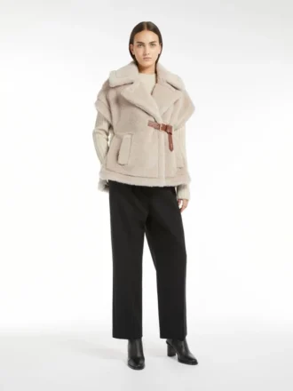 Cape aus Alpaka- und Woll-Teddy-Stoff, beige
