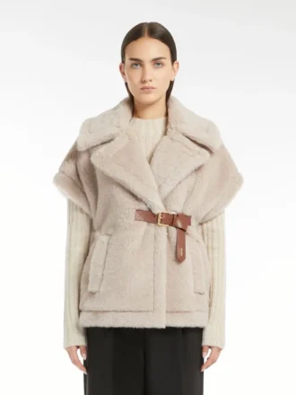 Cape aus Alpaka- und Woll-Teddy-Stoff, beige