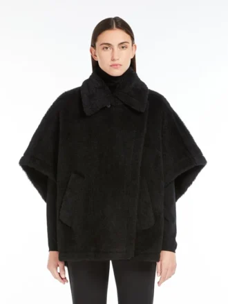 Cape aus Alpaka- und Woll-Teddy-Stoff, schwarz