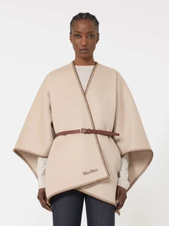 Cape aus Wolle und Kaschmir mit Gürtel, sandfarben