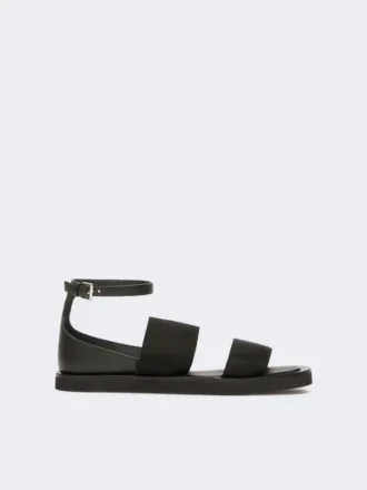 Flache Sandalen aus Leder und elastischem Gurtband, schwarz