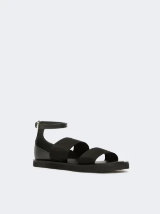 Flache Sandalen aus Leder und elastischem Gurtband, schwarz