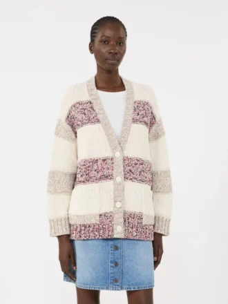 Gestreifter Cardigan aus Wolle und Baumwolle, sandfarben
