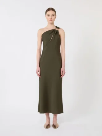 Glänzendes Ein-Schulter-Kleid aus Satin, moosgrün