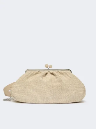 Große Pasticcino-Tasche in Raffia-Optik, taubengrau