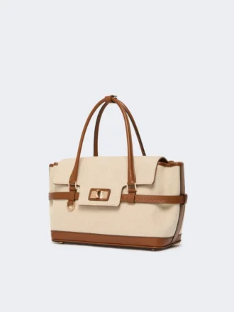 Handtasche aus Baumwoll-Canvas und Leder, puderfarben