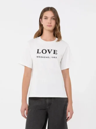 Jersey-T-Shirt mit Aufdruck und Stickerei, weiß