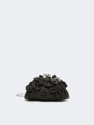 Kleine Pasticcino-Tasche in Raffia-Optik mit Blumen, schwarz