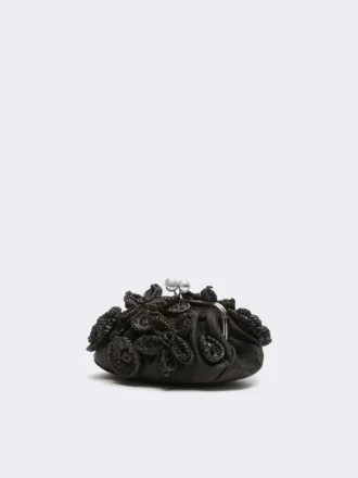 Kleine Pasticcino-Tasche in Raffia-Optik mit Blumen, schwarz