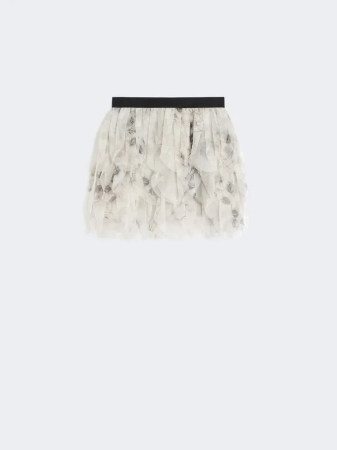 Kurzer Rock mit Blütenblättern aus bedrucktem Organza, perlgrau Kurzer Rock mit Blütenblättern aus bedrucktem Organza, perlgrau