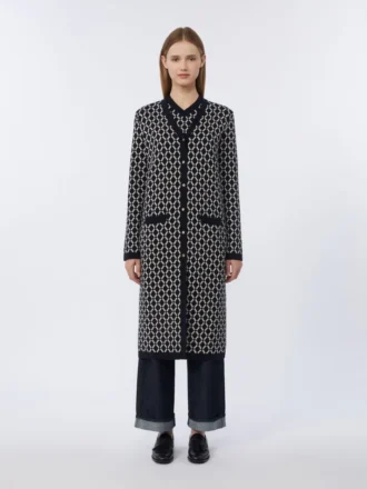 Langer Jacquard-Strickcardigan aus Wolle, ultramarinblau