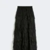 Langer Rock mit Blütenblättern aus Seidenorganza, schwarz Langer Rock mit Blütenblättern aus Seidenorganza, schwarz