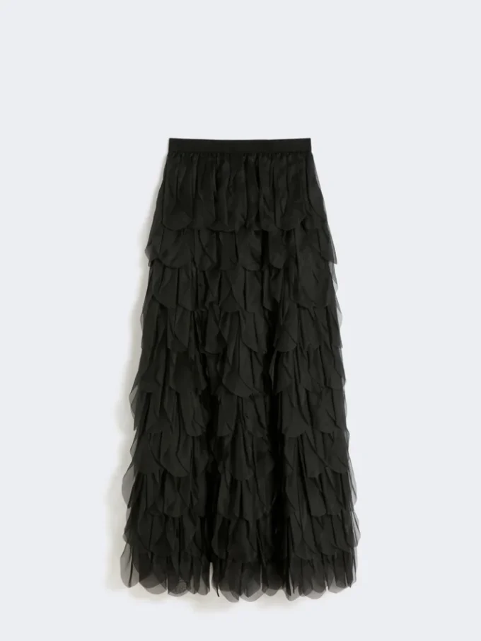 Langer Rock mit Blütenblättern aus Seidenorganza, schwarz Langer Rock mit Blütenblättern aus Seidenorganza, schwarz