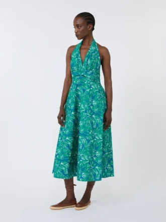 Langes Kleid aus bedrucktem Popeline, smaragdgrün