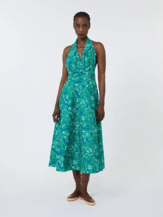 Langes Kleid aus bedrucktem Popeline, smaragdgrün