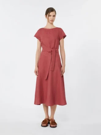 Midi-Kleid aus Leinen-Canvas, kirschrot