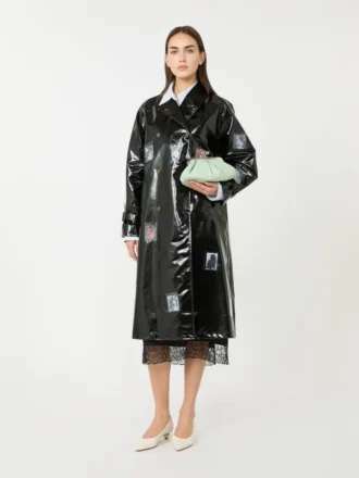 Midi-Trenchcoat aus Gabardine mit Vinyl-Effekt, schwarz