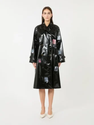 Midi-Trenchcoat aus Gabardine mit Vinyl-Effekt, schwarz