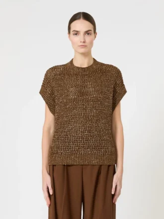 Mit Pailletten verzierter Pullover aus Baumwoll-Mesh-Strick, haselnussbraun