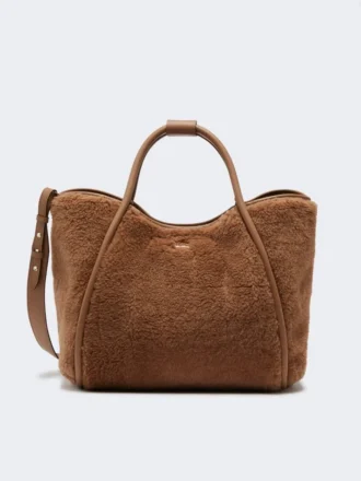 Mittlere Tasche aus Teddy-Stoff in Marineblau, Camel