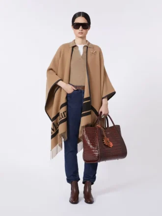 Poncho aus Jacquard-Wolle, kamelfarben