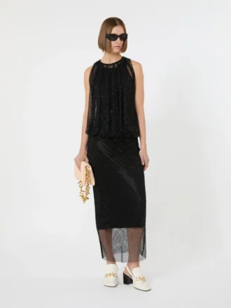 Ärmelloses Jerseykleid mit Kristallen, schwarz