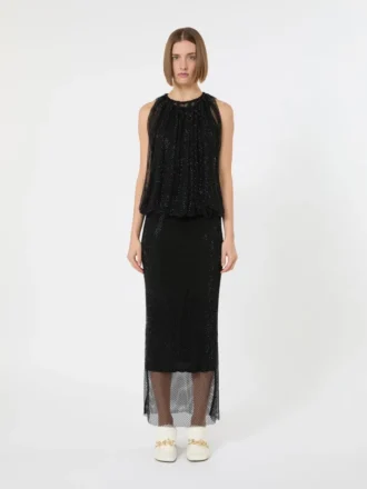 Ärmelloses Jerseykleid mit Kristallen, schwarz