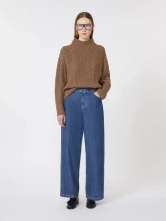 Rollkragenpullover aus Wolle und Kaschmir mit Zopfmuster, schlammfarben