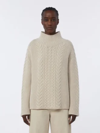 Rollkragenpullover aus Wolle und Kaschmir mit Zopfmuster, weiß