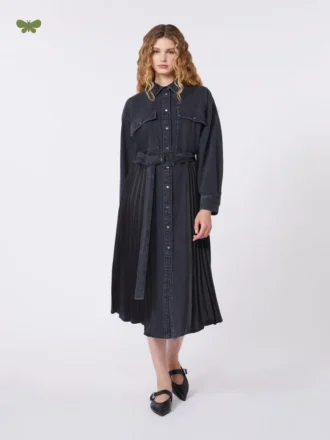 Shirtkleid aus Denim und Satin, schwarz