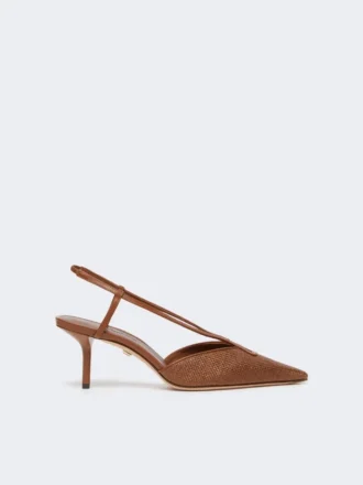 Slingbacks aus Canvas in Raffia-Optik, bernsteinbraun