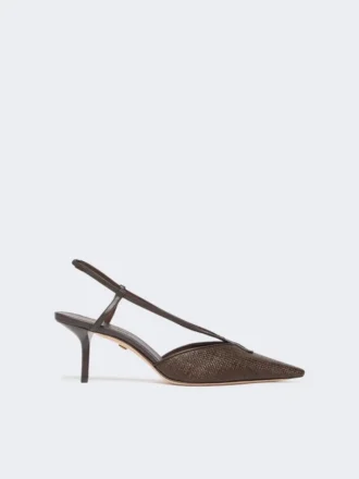 Slingbacks aus Canvas in Raffia-Optik, dunkelbraun
