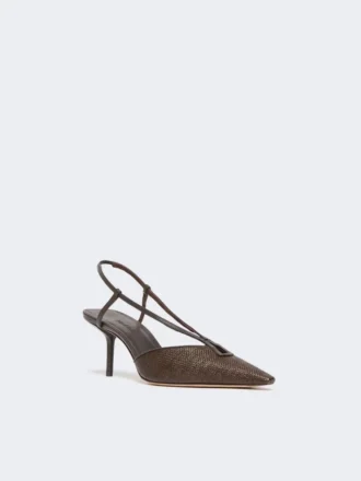 Slingbacks aus Canvas in Raffia-Optik, dunkelbraun