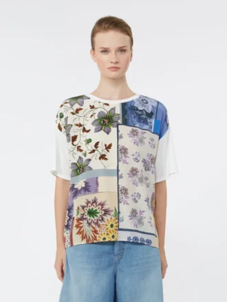 T-Shirt aus bedrucktem Seiden- und Stretch-Baumwolljersey, mehrfarbig