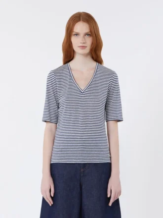 T-Shirt aus Stretch-Leinenjersey mit V-Ausschnitt, ultramarinblau